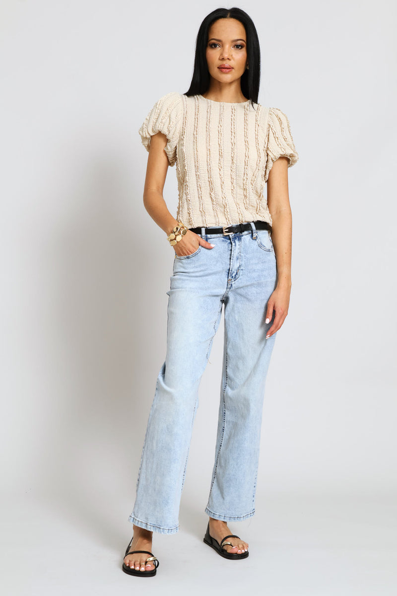 Bubble Sleeve Eyelash Crinkle Top - Oatmeal