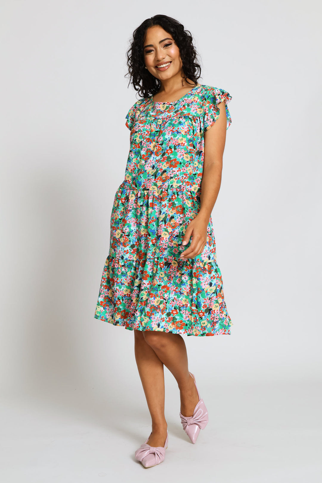 Flutter Sleeve Tiered Mini Dress - Multi