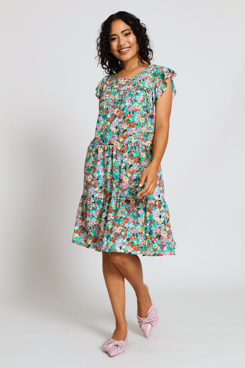Flutter Sleeve Tiered Mini Dress - Multi