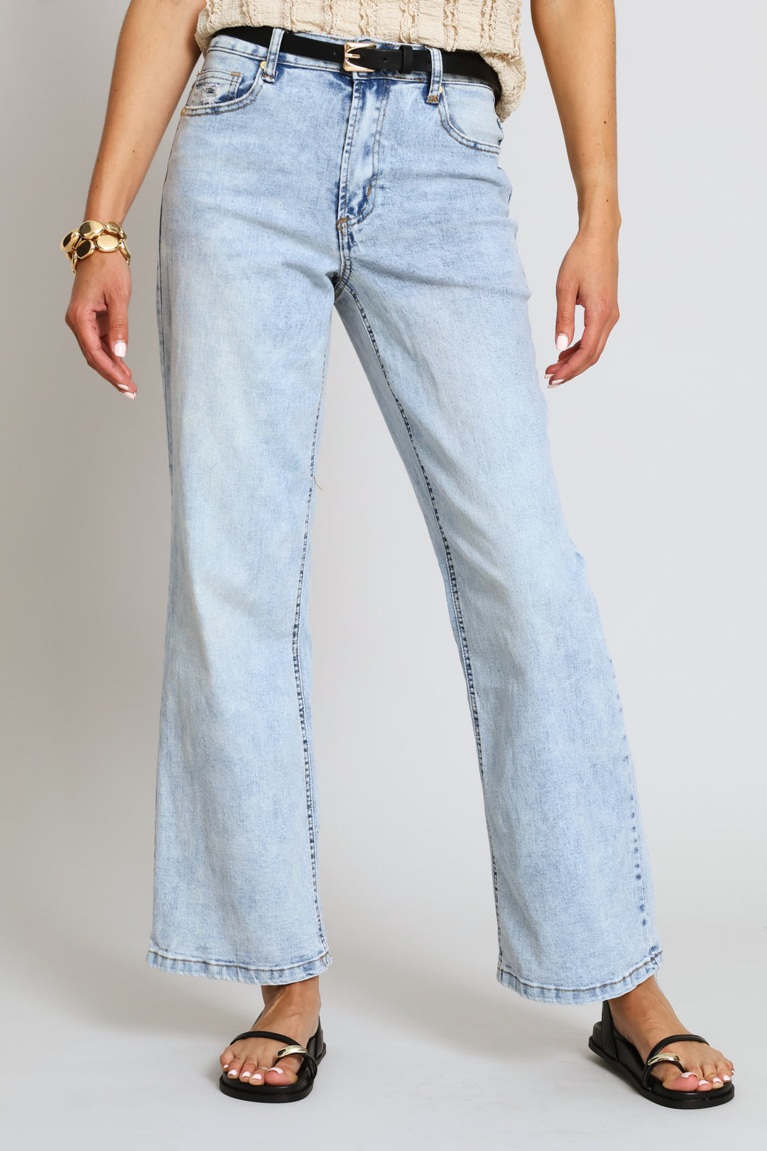 Mid-Rise Belted Straight Leg Denim - Light Wash
