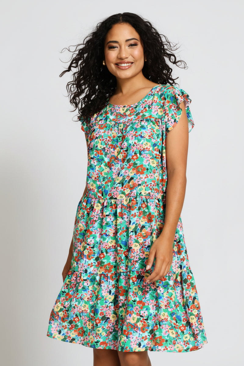 Flutter Sleeve Tiered Mini Dress - Multi