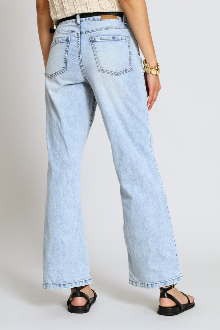 Mid-Rise Belted Straight Leg Denim - Light Wash