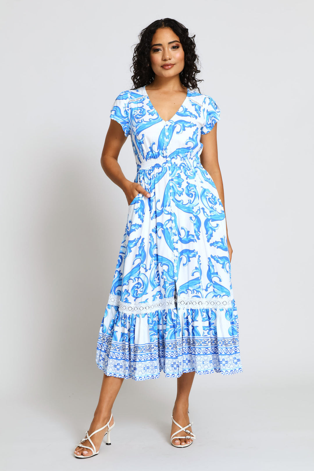 Short Sleeve Floral Dress - Blue