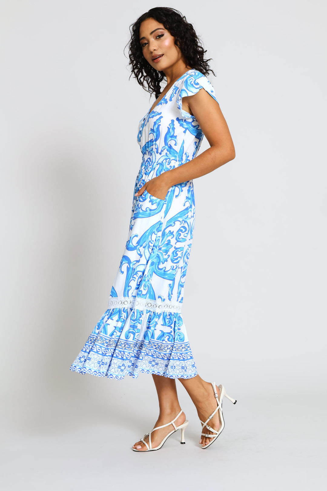 Short Sleeve Floral Dress - Blue