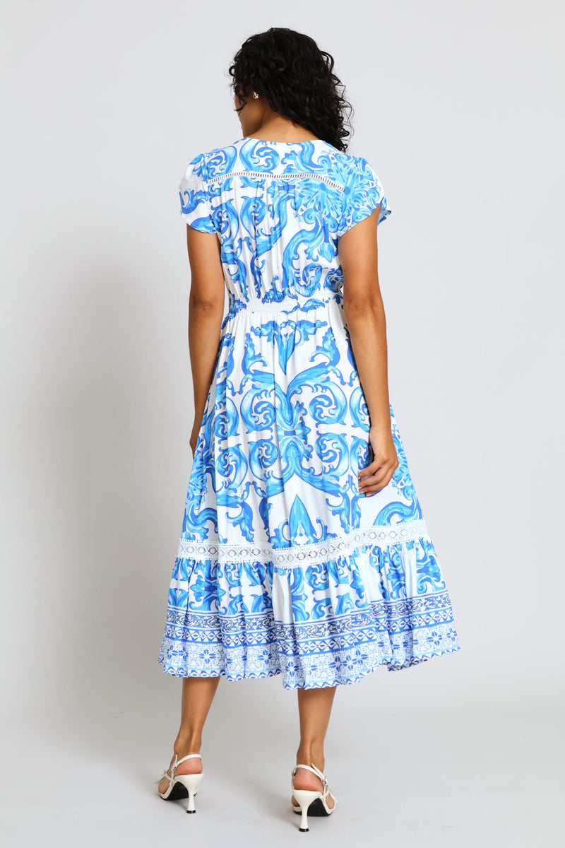 Short Sleeve Floral Dress - Blue