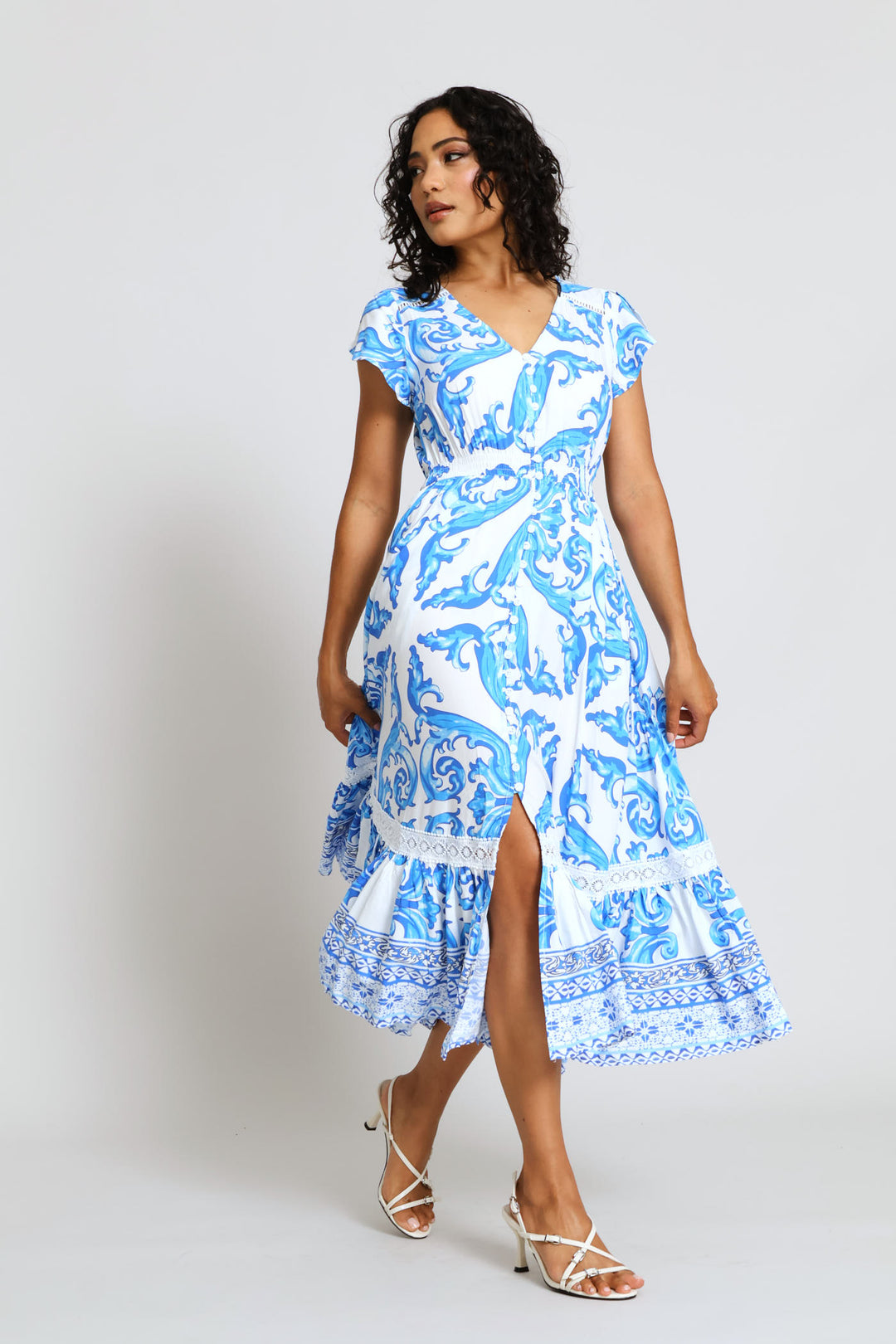 Short Sleeve Floral Dress - Blue