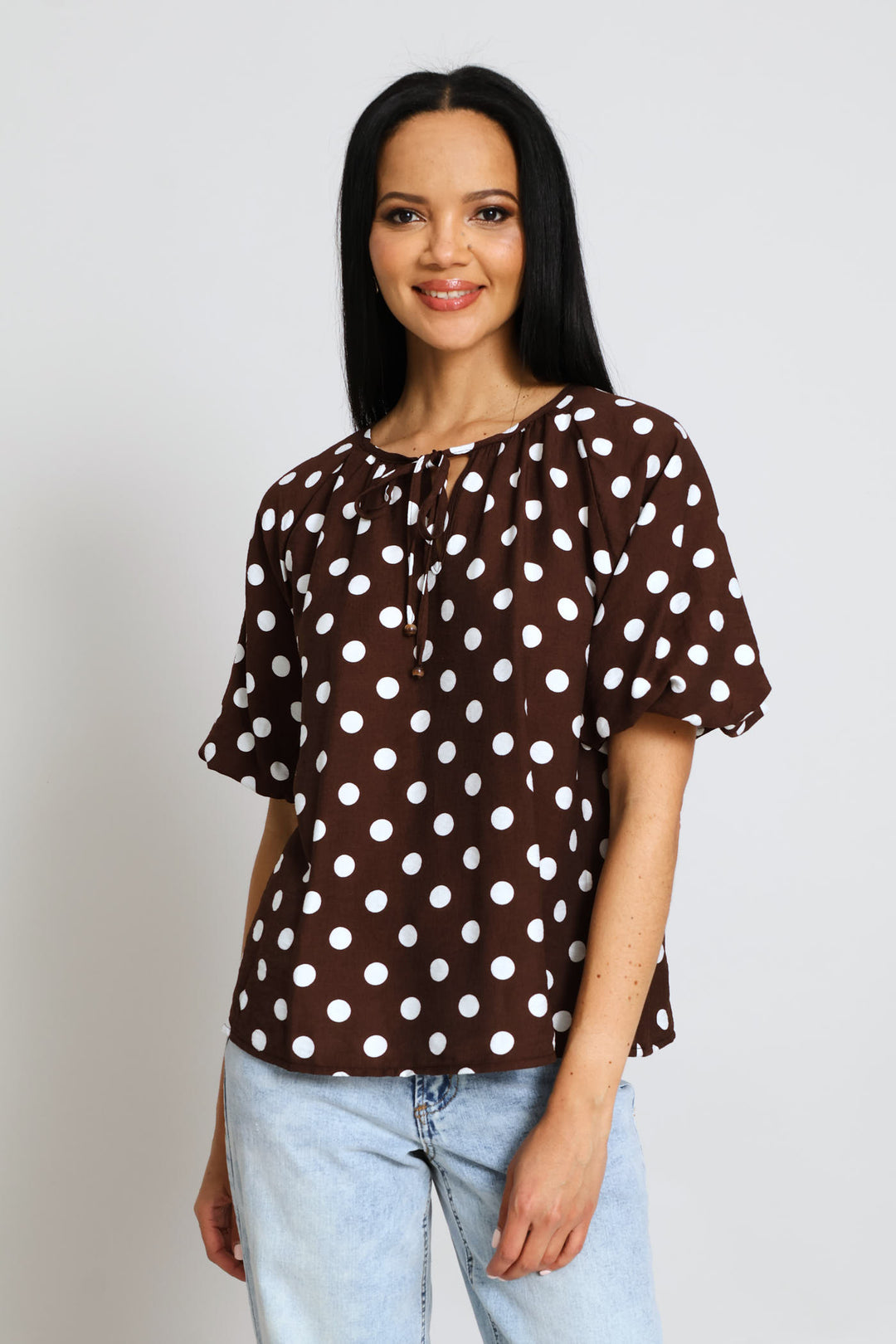 Bubble Raglan Sleeve Notch Neck Blouse - Cream/Chocolate