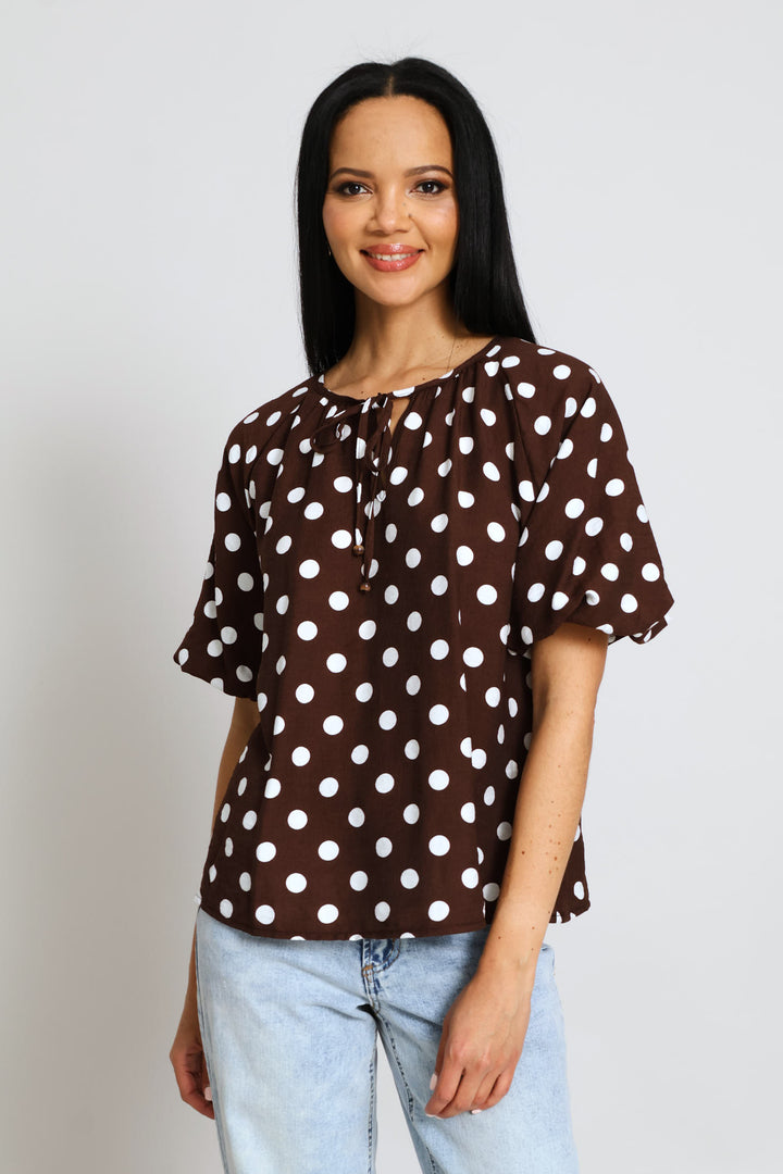 Bubble Raglan Sleeve Notch Neck Blouse - Cream/Chocolate