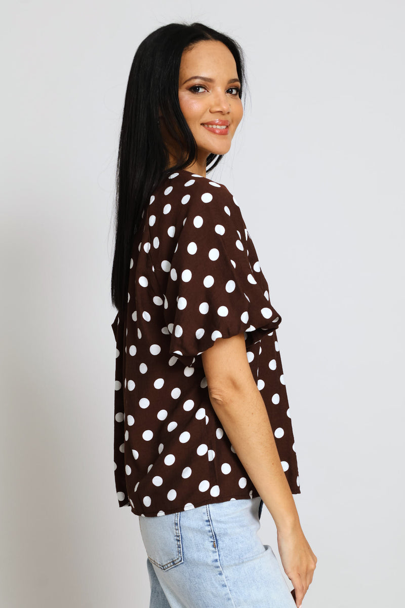 Bubble Raglan Sleeve Notch Neck Blouse - Cream/Chocolate