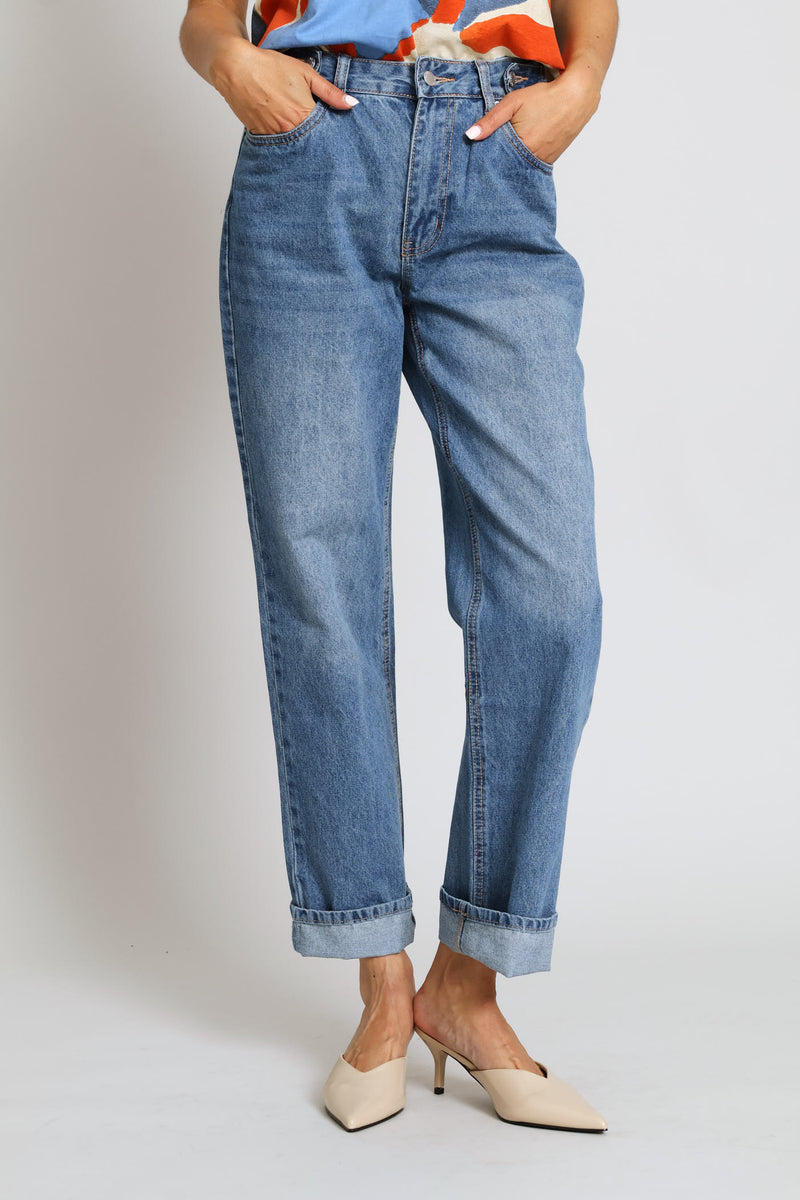 Mid-Rise Adjustable Waist Straight Leg Denim - Dark Wash