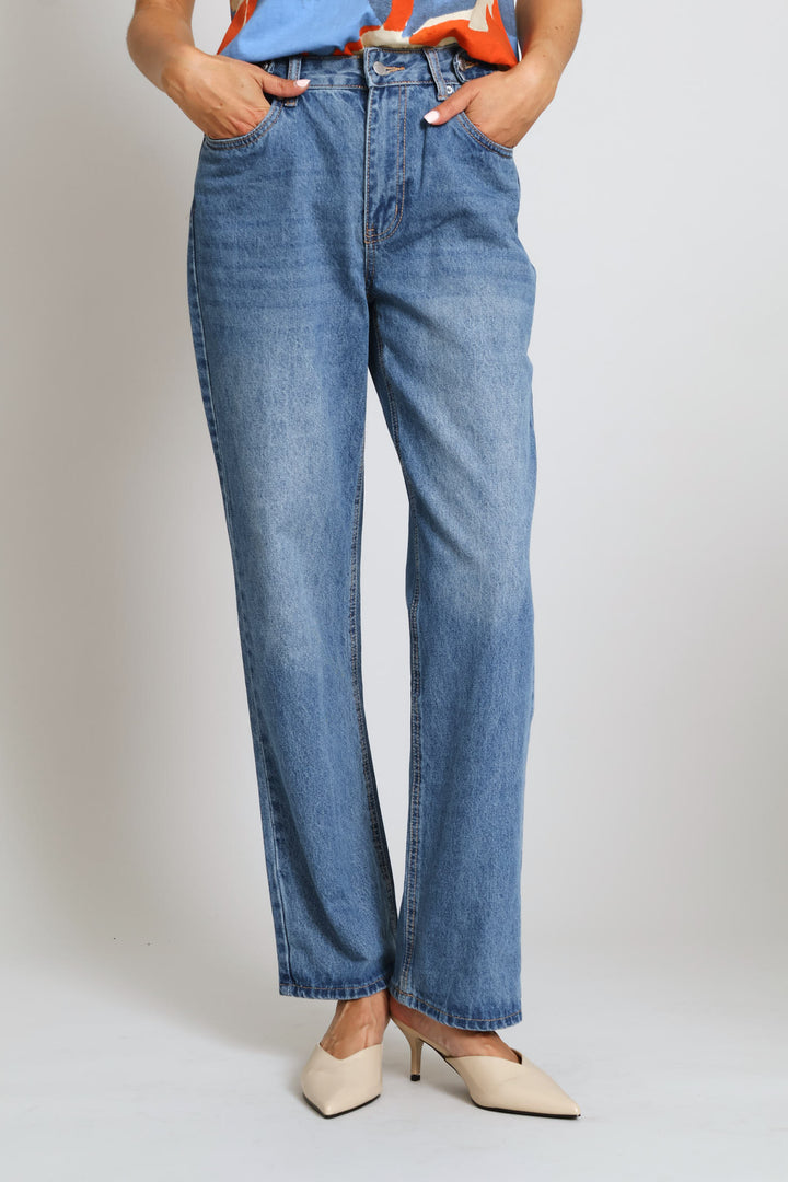 Mid-Rise Adjustable Waist Straight Leg Denim - Dark Wash