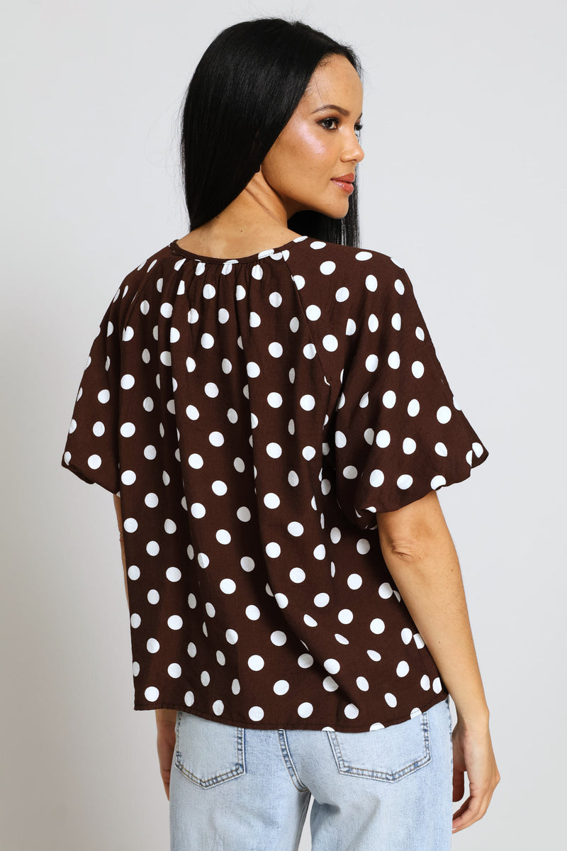 Bubble Raglan Sleeve Notch Neck Blouse - Cream/Chocolate