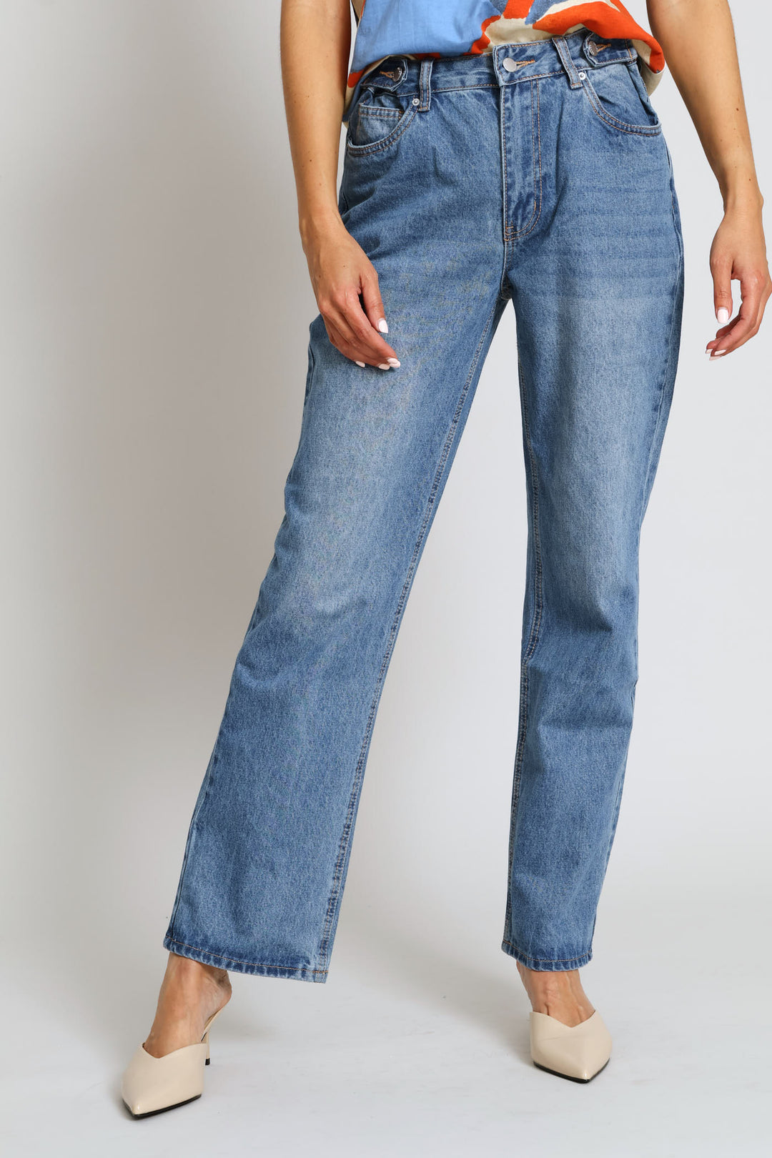 Mid-Rise Adjustable Waist Straight Leg Denim - Dark Wash