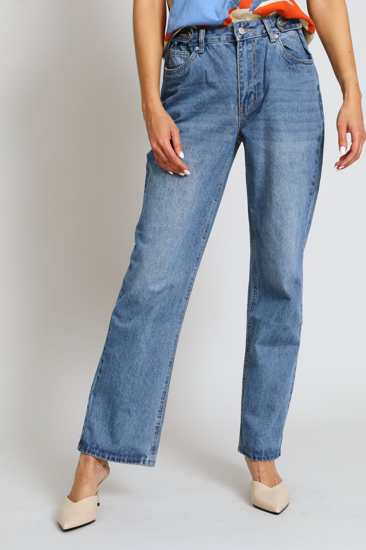 Mid-Rise Adjustable Waist Straight Leg Denim - Dark Wash
