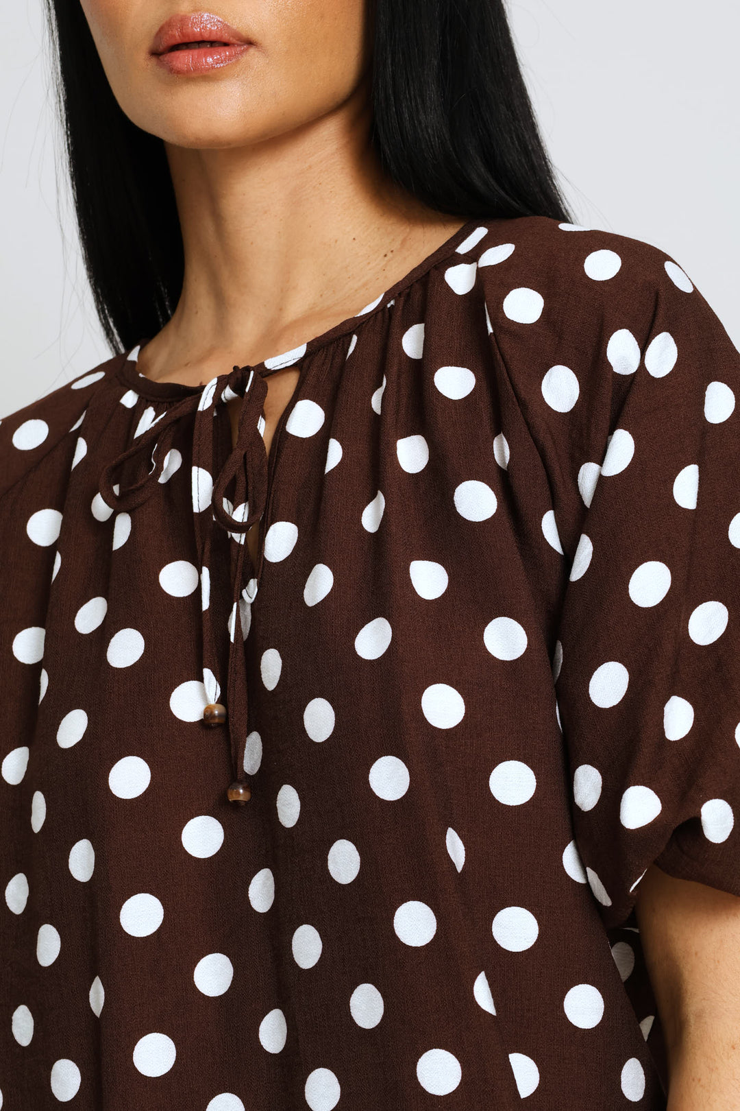Bubble Raglan Sleeve Notch Neck Blouse - Cream/Chocolate