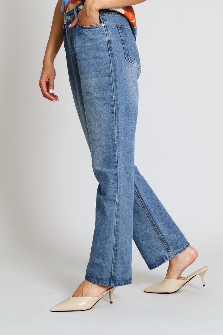 Mid-Rise Adjustable Waist Straight Leg Denim - Dark Wash