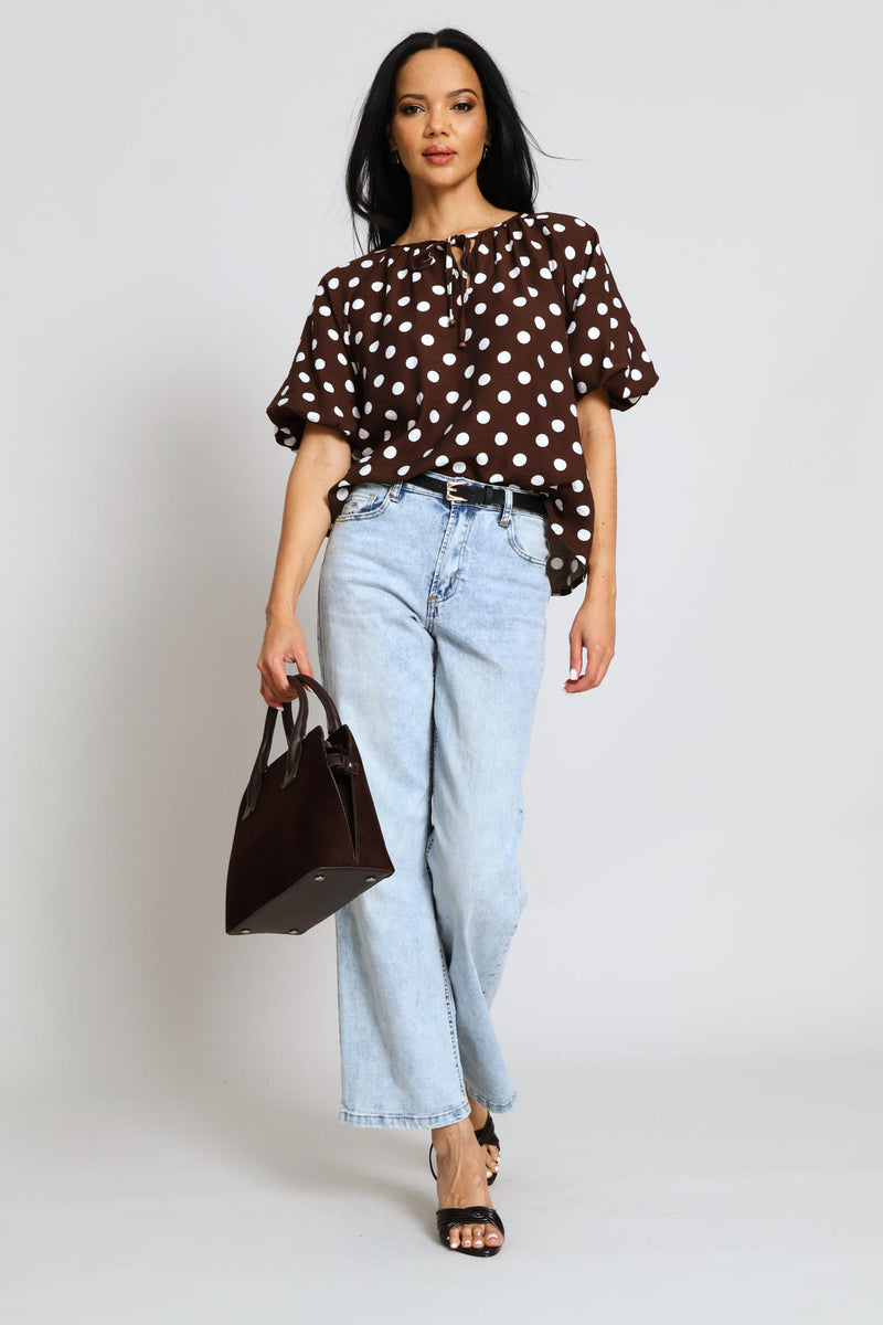 Bubble Raglan Sleeve Notch Neck Blouse - Cream/Chocolate