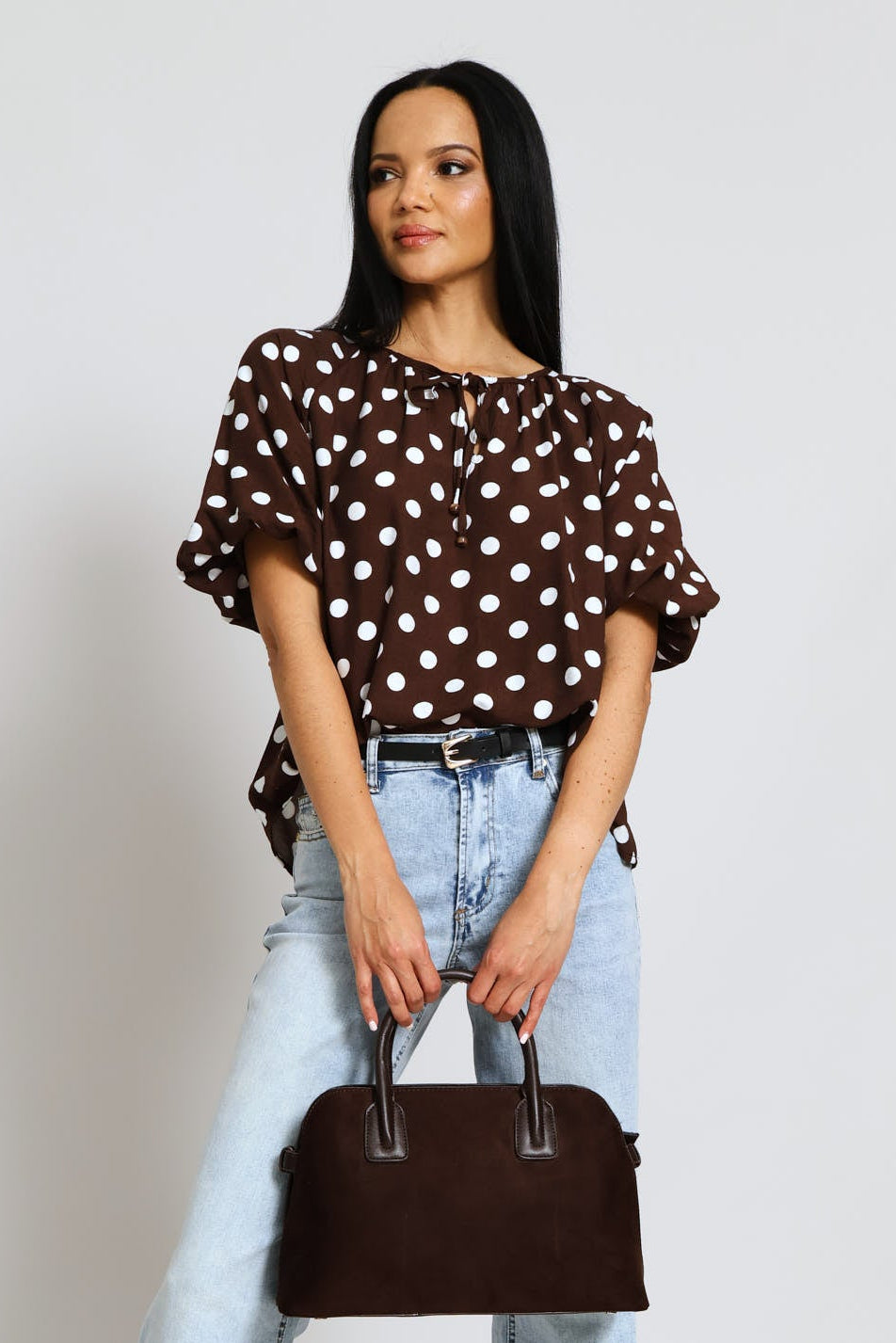 Bubble Raglan Sleeve Notch Neck Blouse - Cream/Chocolate