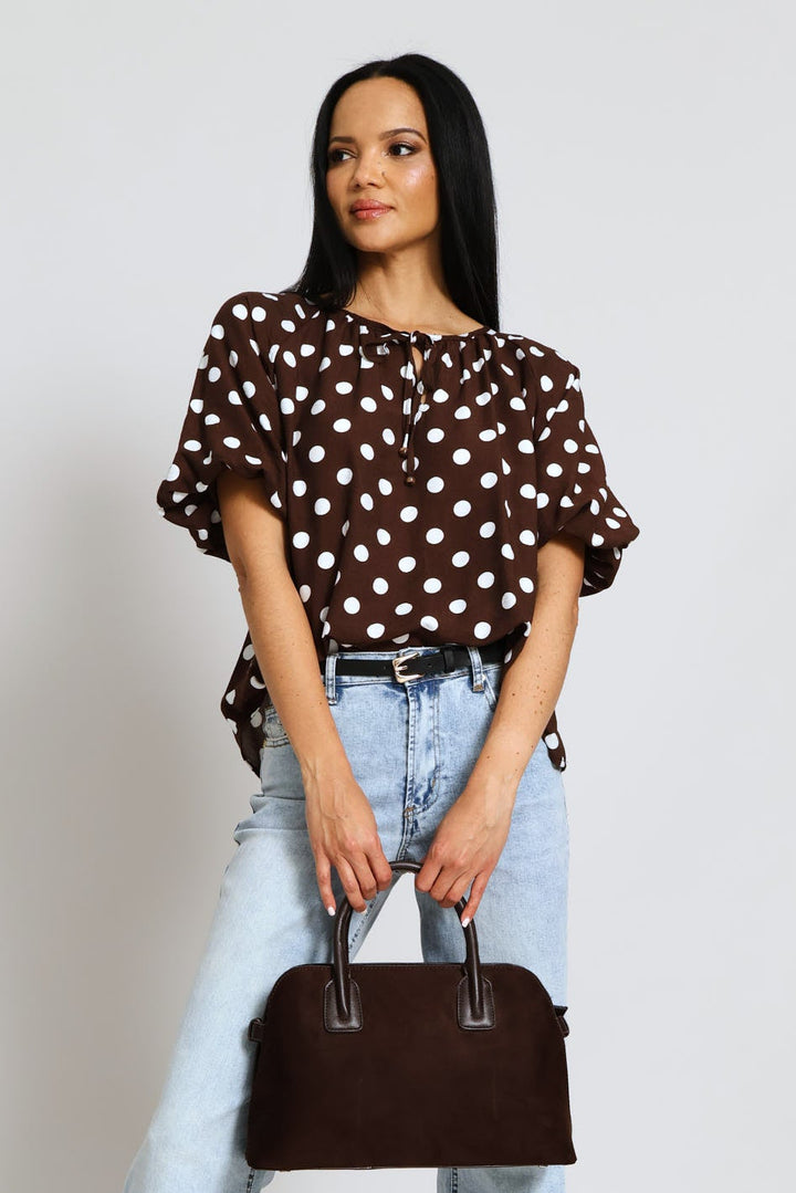 Bubble Raglan Sleeve Notch Neck Blouse - Cream/Chocolate