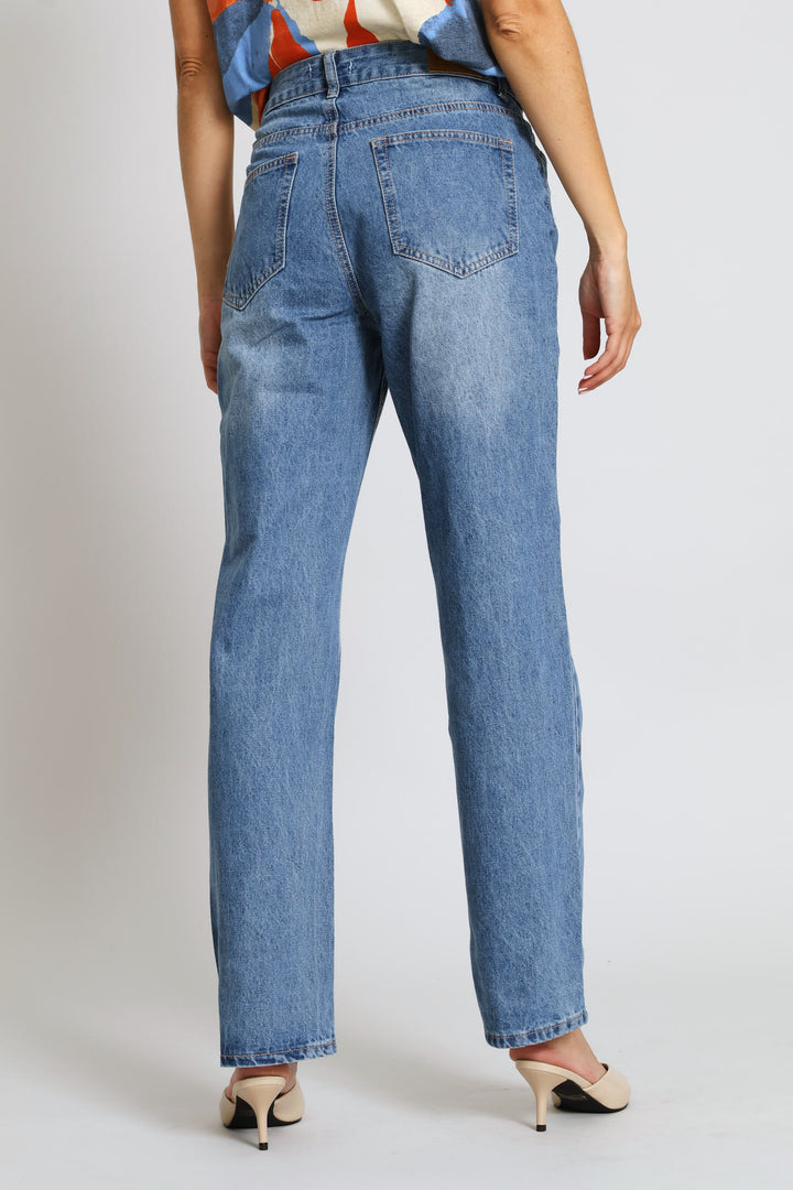 Mid-Rise Adjustable Waist Straight Leg Denim - Dark Wash