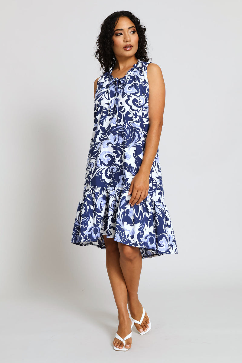 Frill Neck Frill Hem Mini Dress - Navy