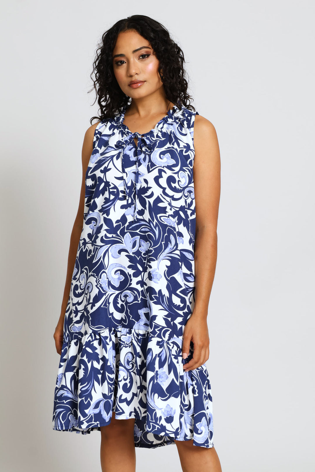 Frill Neck Frill Hem Mini Dress - Navy