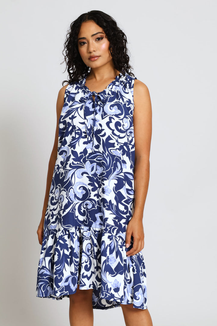 Frill Neck Frill Hem Mini Dress - Navy