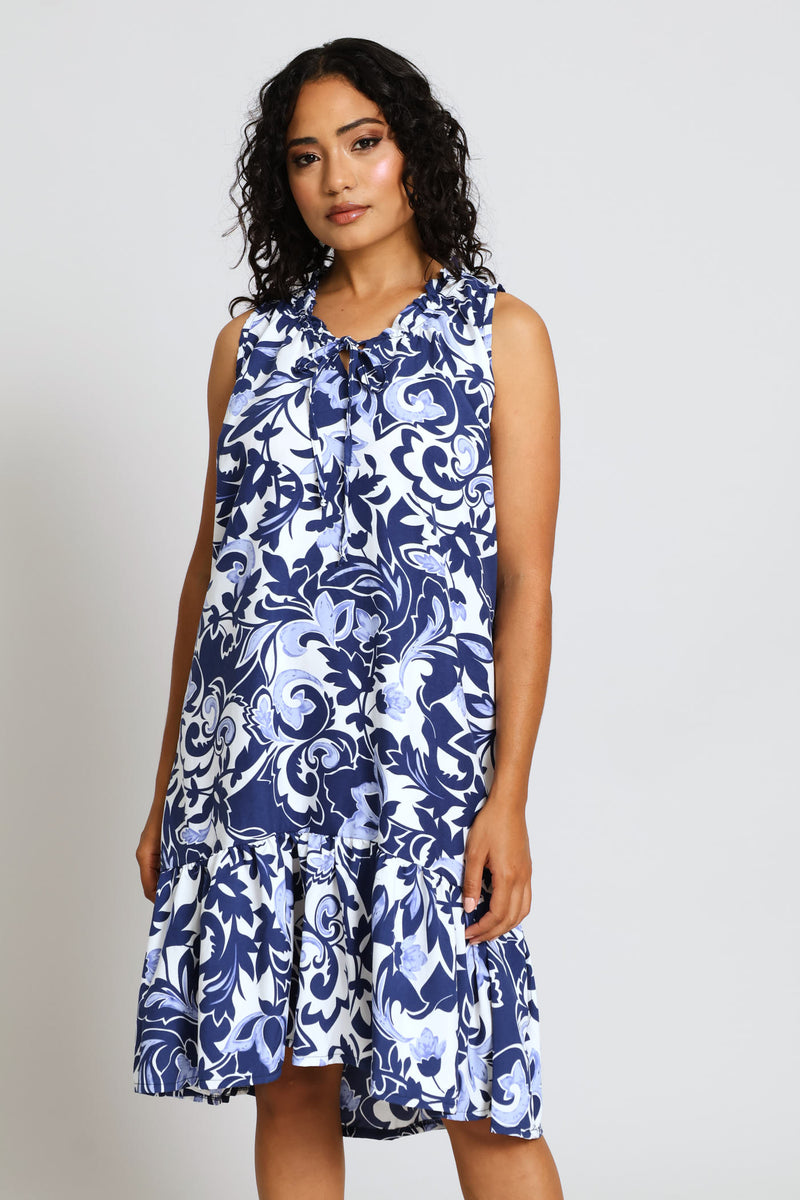 Frill Neck Frill Hem Mini Dress - Navy