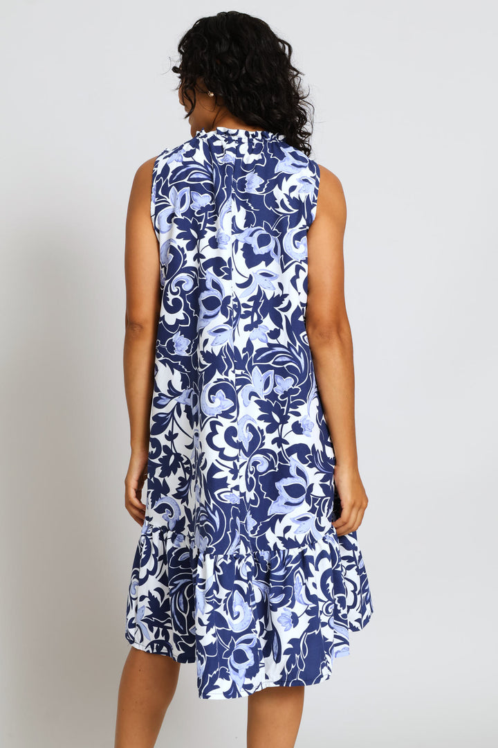 Frill Neck Frill Hem Mini Dress - Navy