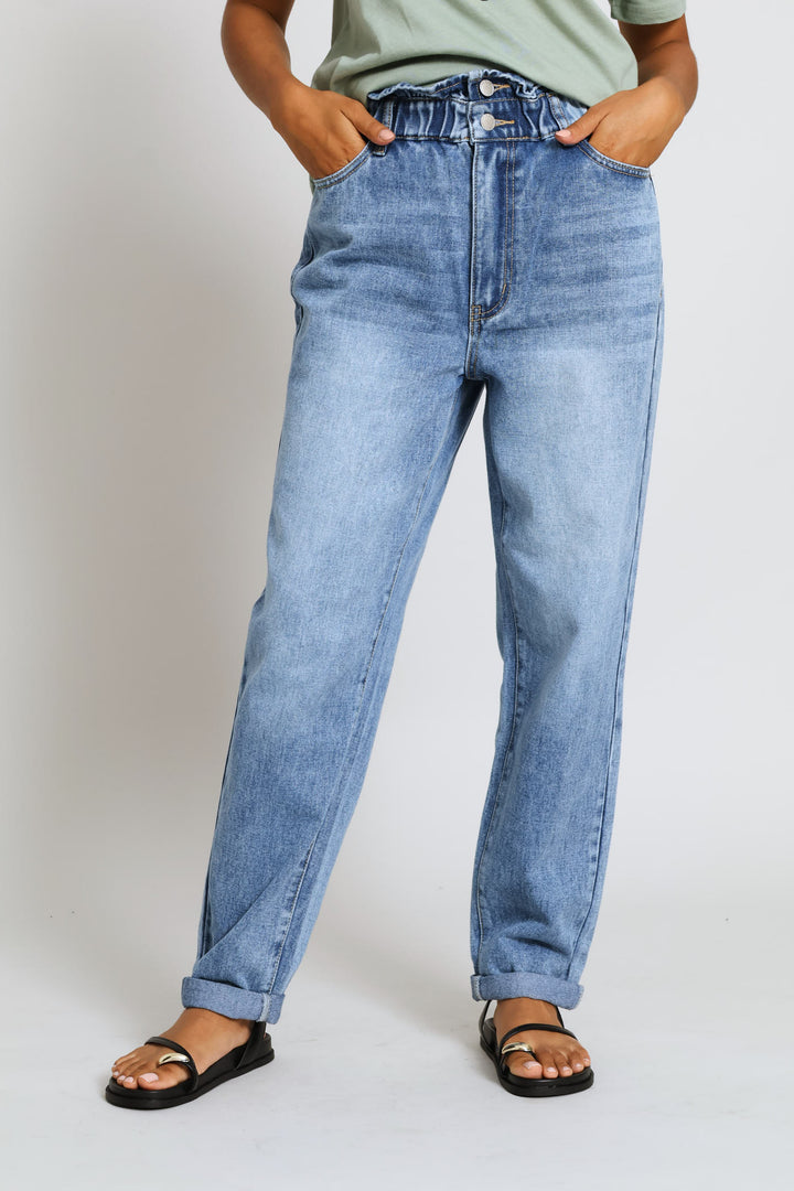 Hi-Rise Turnup Hem Paperbag Denim Mom Jean - Mid Wash