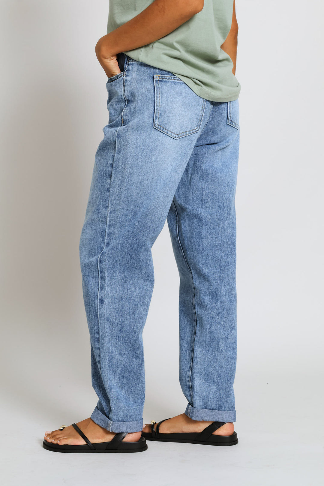 Hi-Rise Turnup Hem Paperbag Denim Mom Jean - Mid Wash