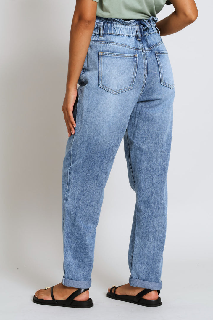 Hi-Rise Turnup Hem Paperbag Denim Mom Jean - Mid Wash