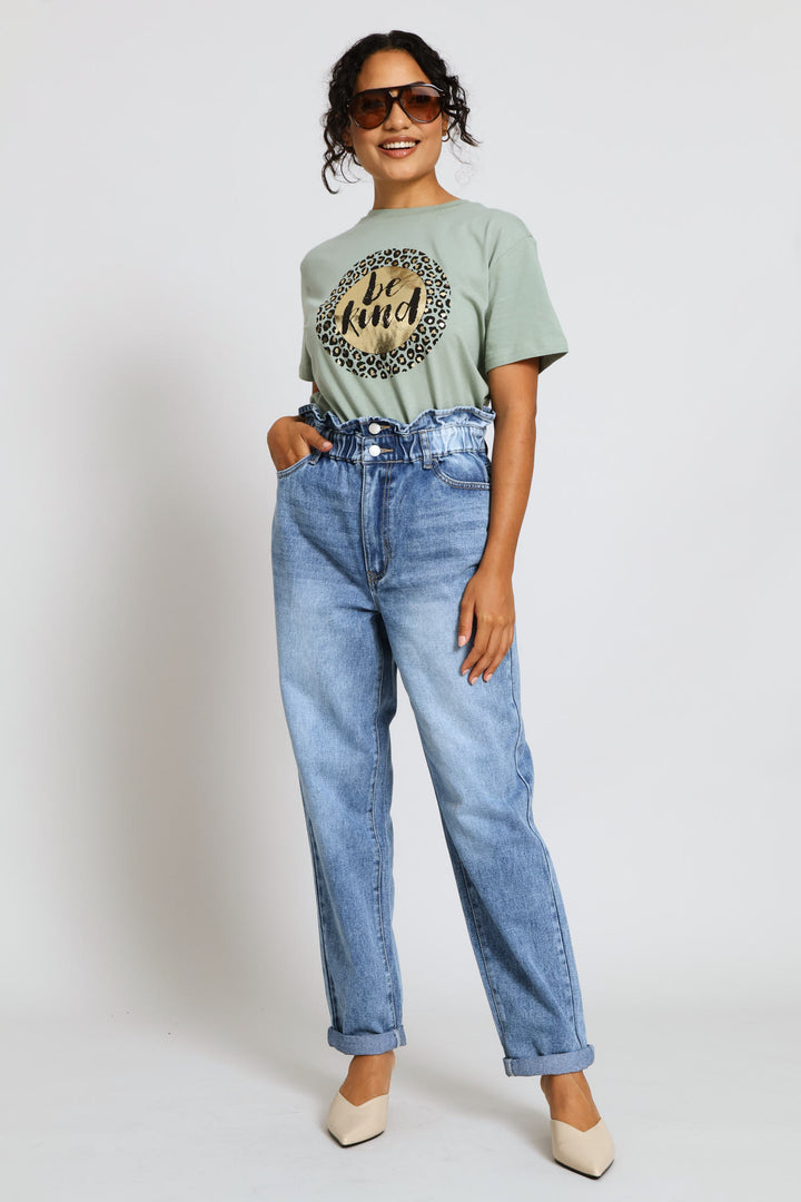 Hi-Rise Turnup Hem Paperbag Denim Mom Jean - Mid Wash