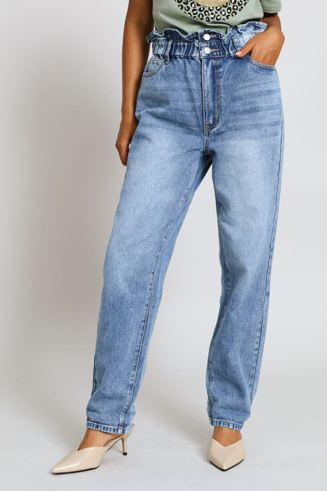 Hi-Rise Turnup Hem Paperbag Denim Mom Jean - Mid Wash