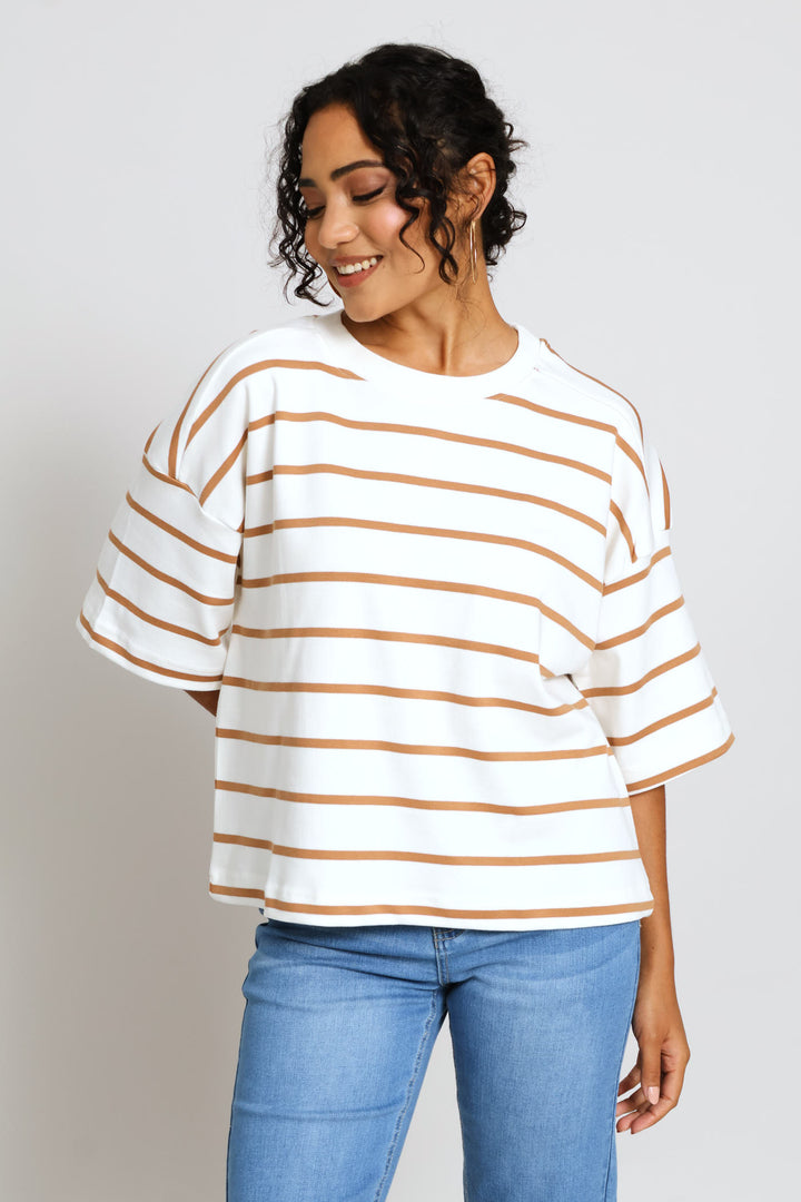 Medium Stripe Interlock Tee - White/Mocha