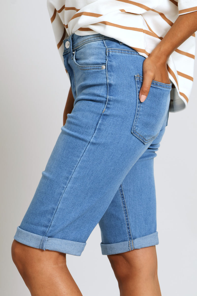 Classic Roll Hem Bermuda Supersoft Denim Short - Light Wash