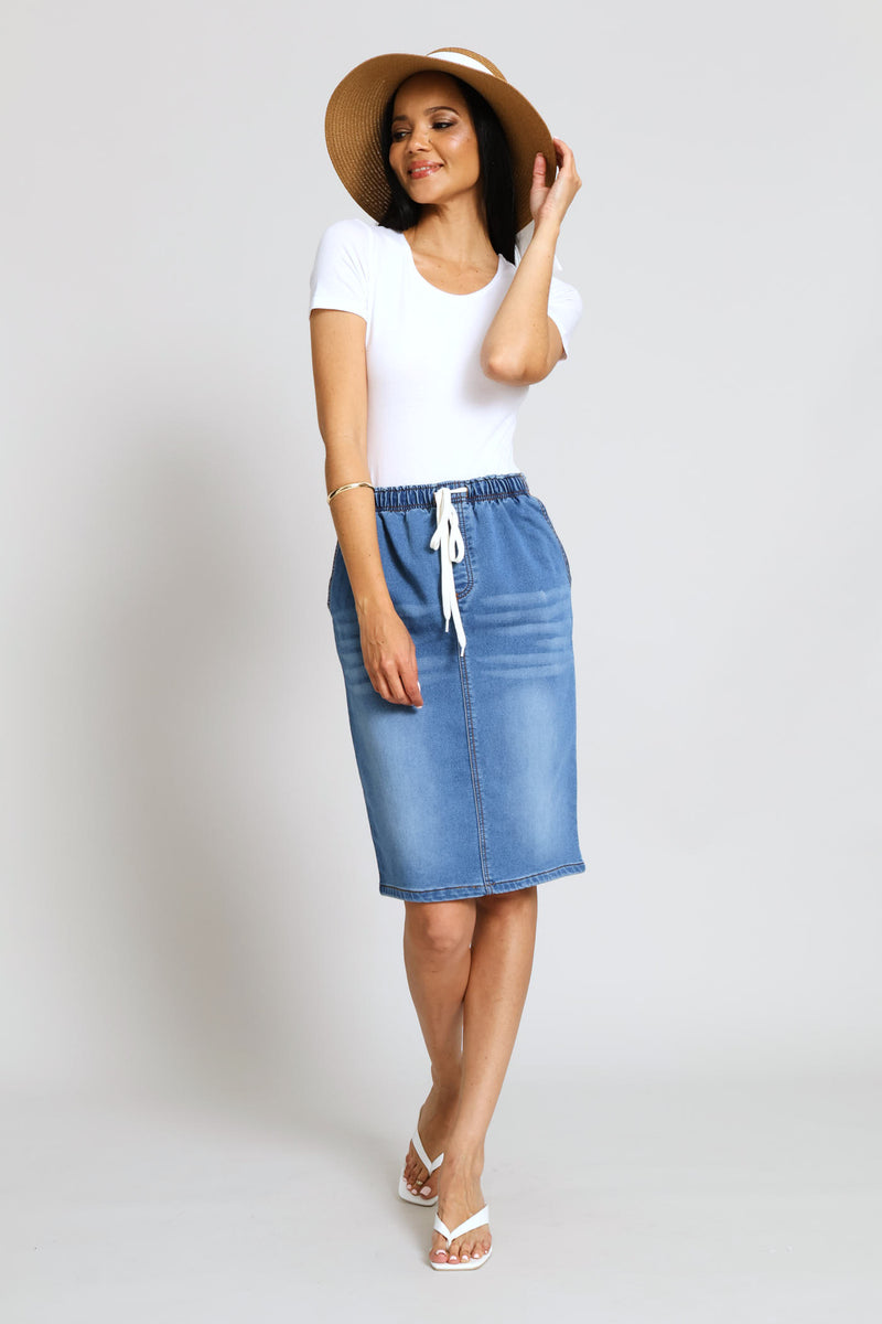 Knit Denim Pencil Skirt - Medium Wash