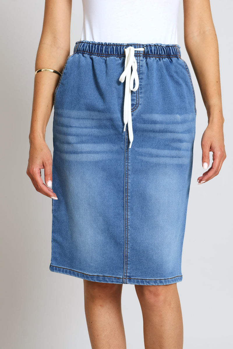 Knit Denim Pencil Skirt - Medium Wash