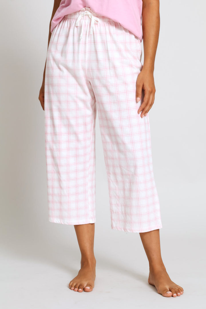 Check Capri Sleep Pant - White/Pink