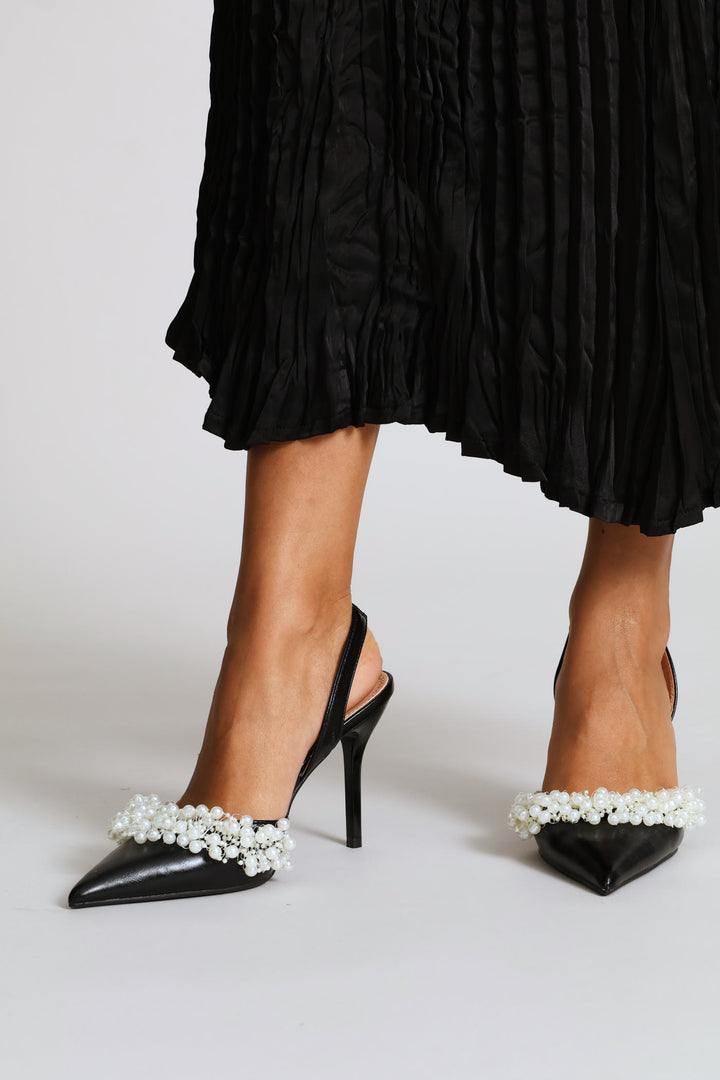 Pearl Trim Pointy Stiletto Heel - Black