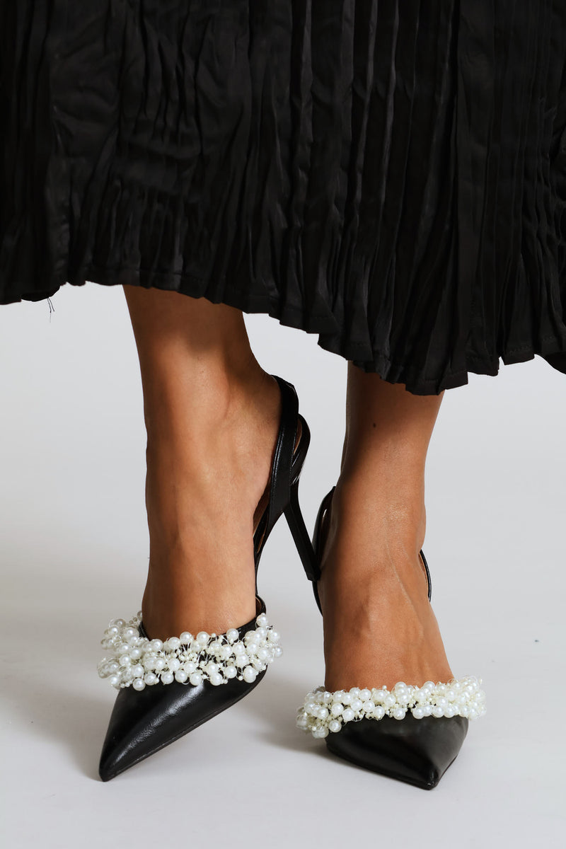 Pearl Trim Pointy Stiletto Heel - Black