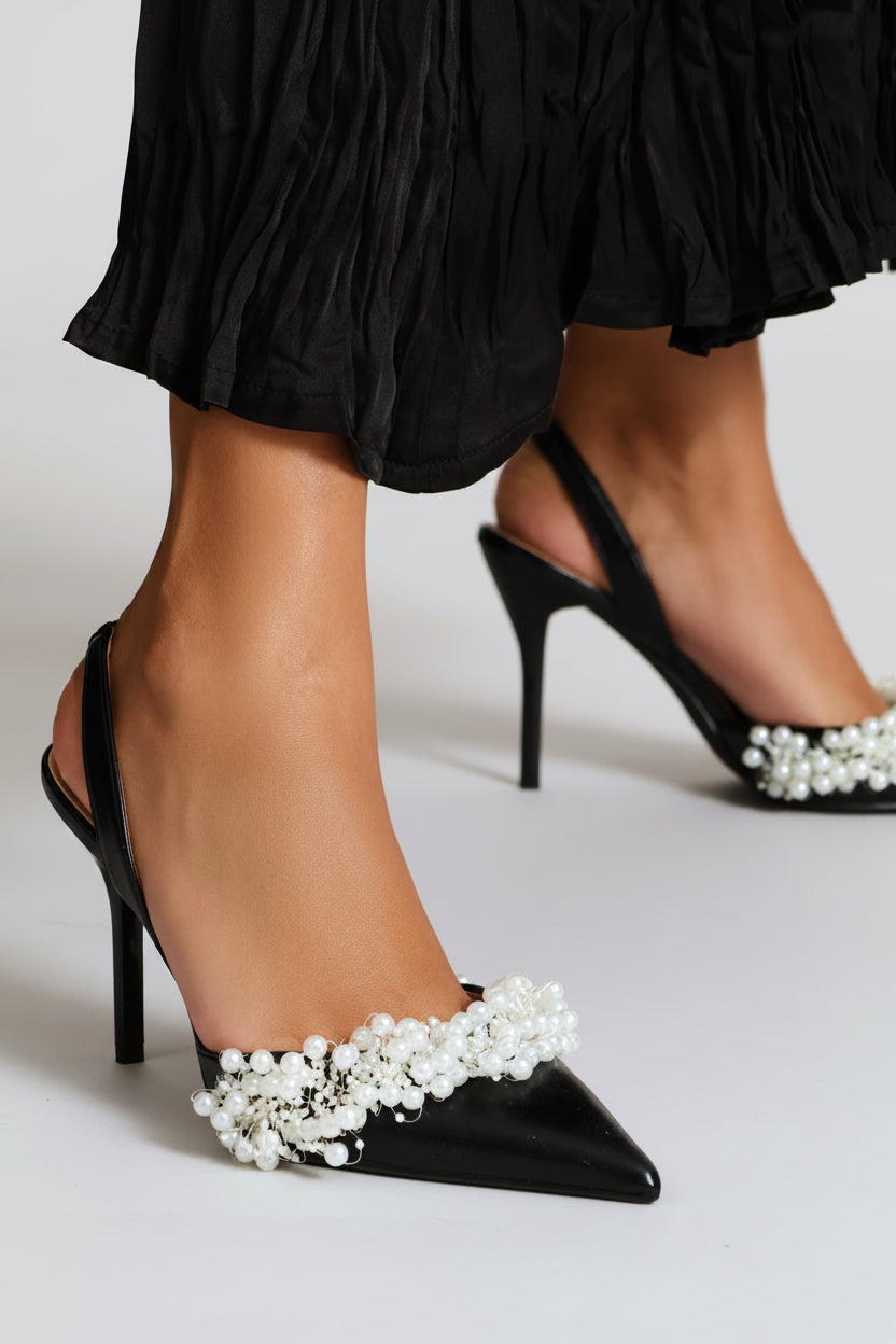 Pearl Trim Pointy Stiletto Heel - Black