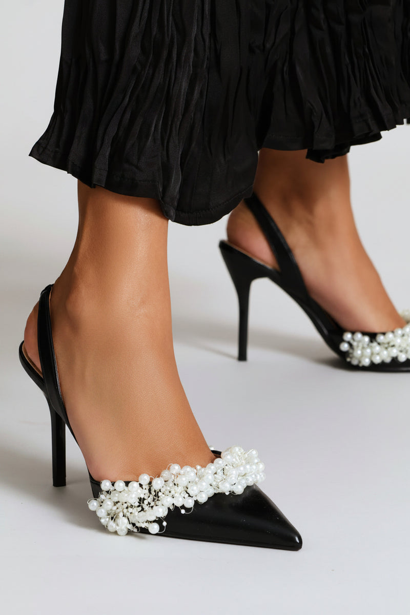 Pearl Trim Pointy Stiletto Heel - Black