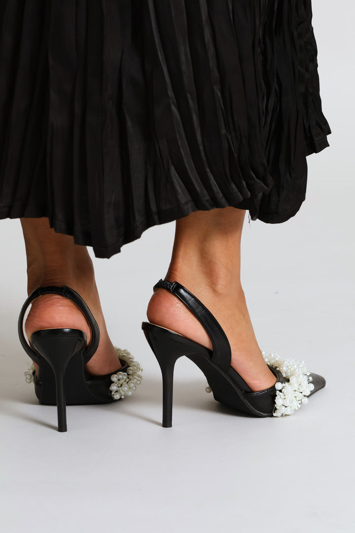 Pearl Trim Pointy Stiletto Heel - Black
