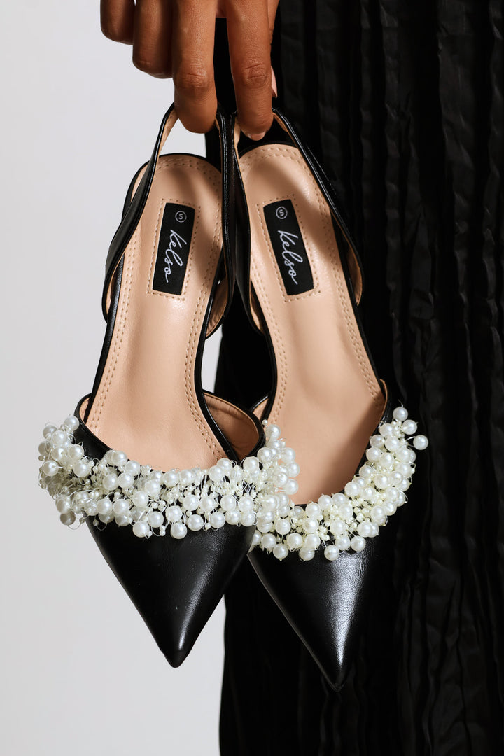 Pearl Trim Pointy Stiletto Heel - Black