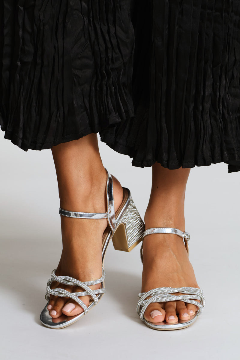 Multi Strap Diamante Block Heel - Silver