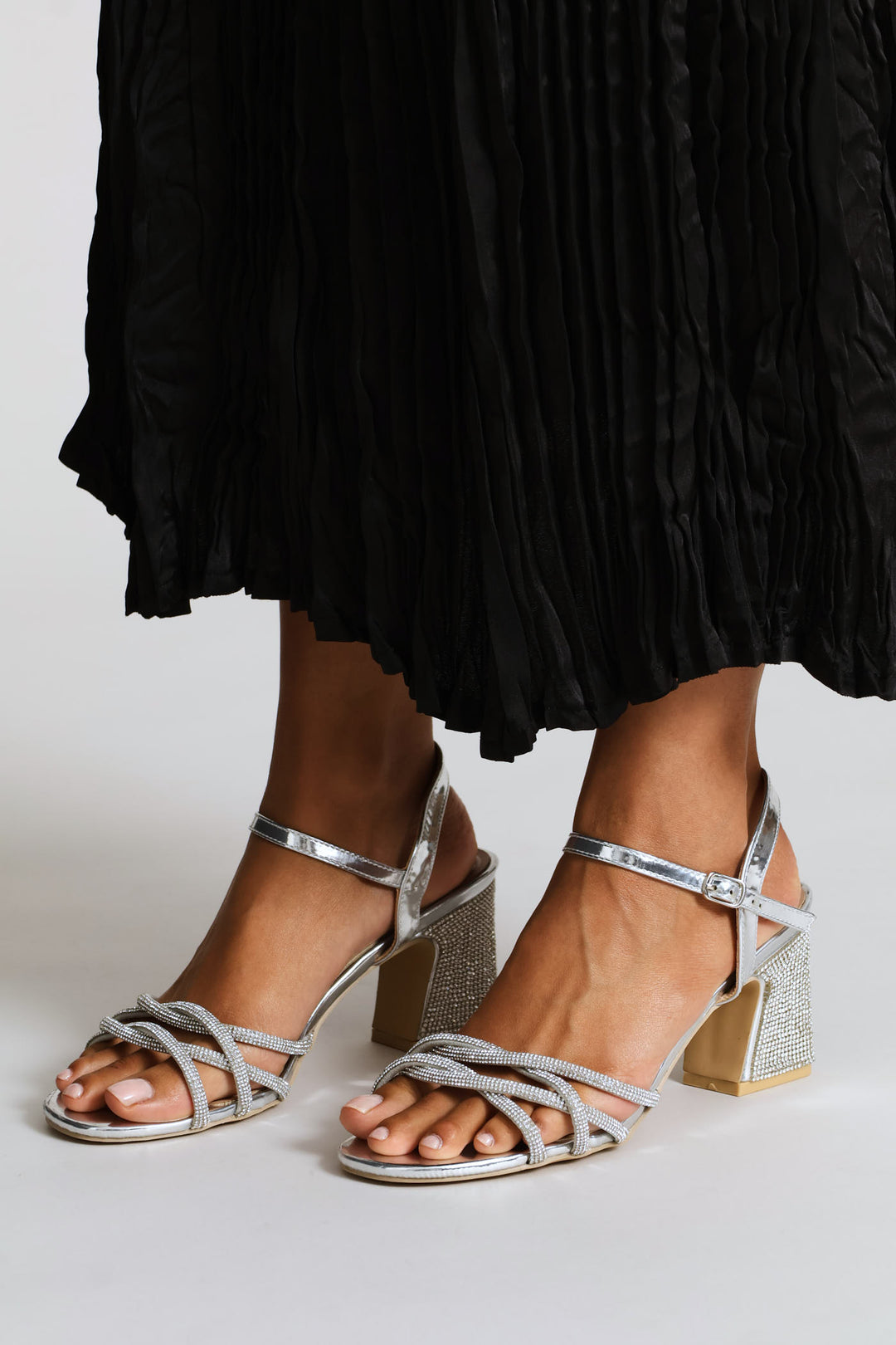 Multi Strap Diamante Block Heel - Silver