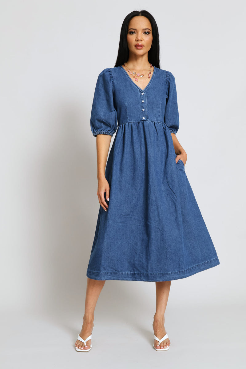 Puff Sleeve 1/2 Placket Fit & Flare Midi Dress - Mid Wash