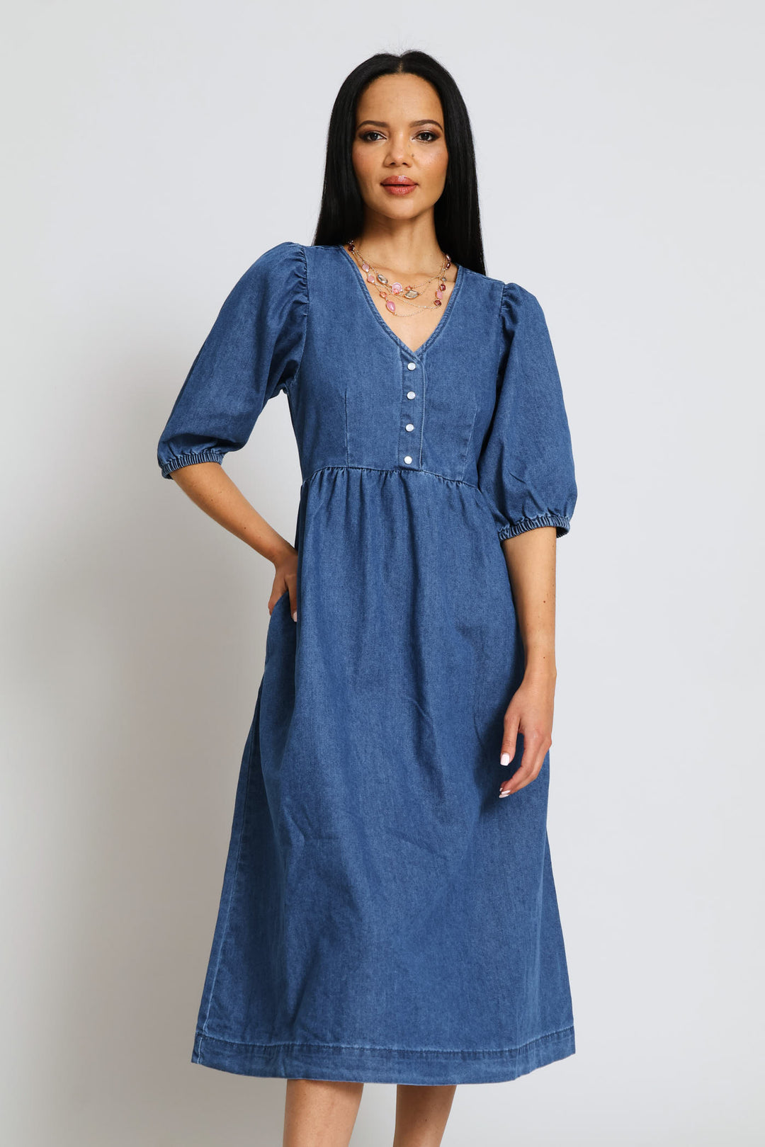 Puff Sleeve 1/2 Placket Fit & Flare Midi Dress - Mid Wash