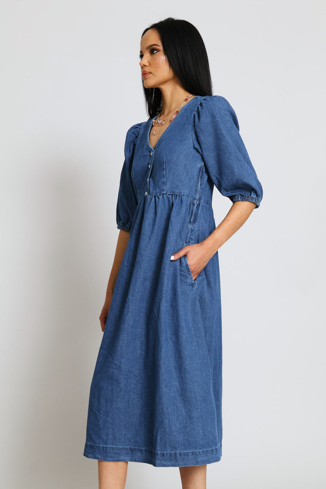 Puff Sleeve 1/2 Placket Fit & Flare Midi Dress - Mid Wash